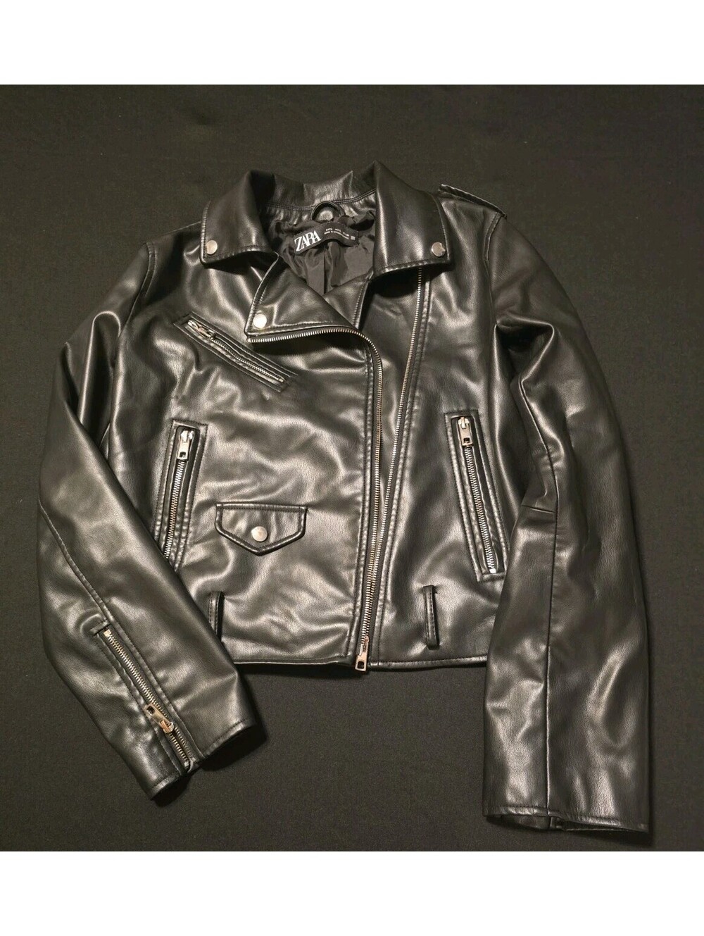 Zara Faux Leather Biker Jacket Women Large Black Moto Rocker Edgy Streetwear
